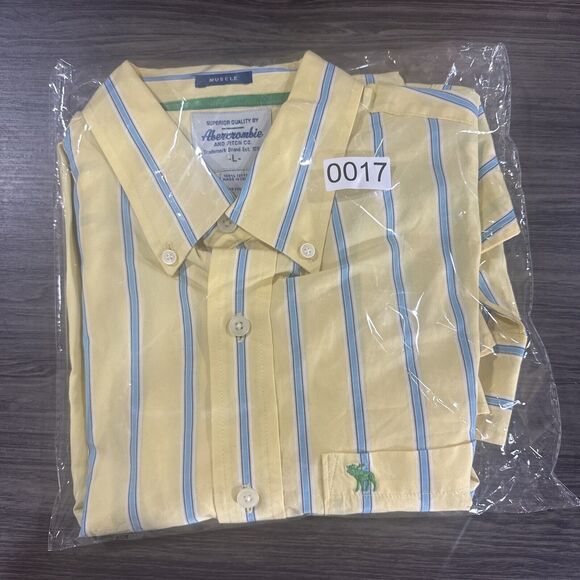Abercrombie Fitch Muscle Yellow/Blue Striped Button Down Shirt Men Large UGC - Picture 7 of 7
